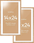 Homeforia 14x24 Picture Frame Natural Wood, High End Oak 14x24 Light Wooden Poster Frame with Mat 11x22, 14 x 24 Frames Matted to 11 x 22 Photo, 24x14 Hanging Frame, Tempered Glass, Wall Kit, Set of 2