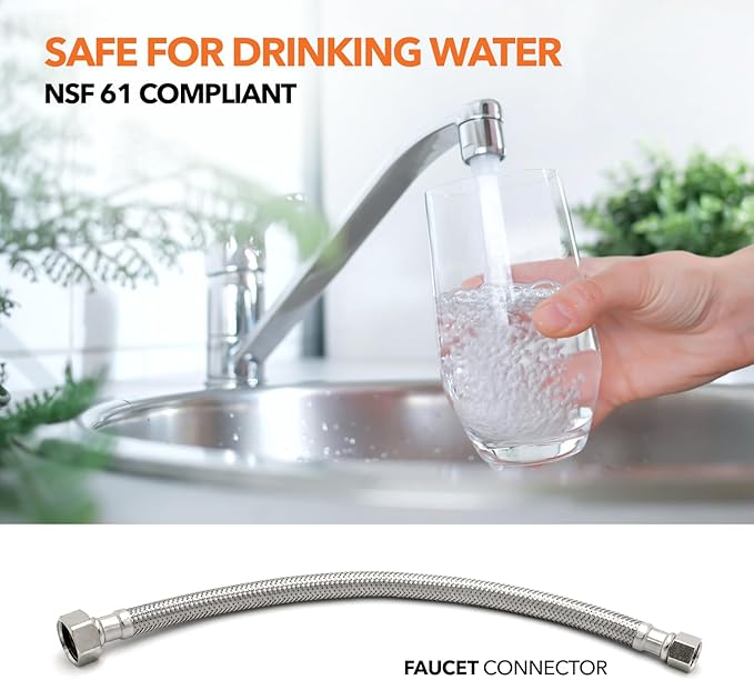 Stainless Steel Braided Water Connectors with Reinforced PVC Inner Hose for Faucets, 3/8" Compression x 1/2" FIP, 12" Length (2Pack)