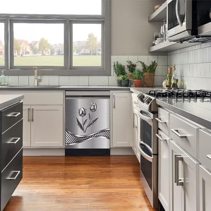 Stainless Steel Flower Painting Dishwasher Cover Decorative Magnetic Sticker Kitchen Refrigerator Covers for The Front Fridge Door Magnet 23W x 26H inchs