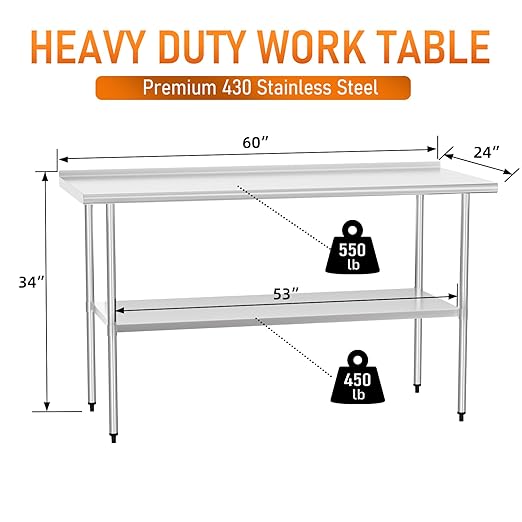 HOCCOT Stainless Steel Table 24" x 60" with Adjustable Undershelf and Backsplash, Commercial Metal Workstations for Kitchen, Garage, Outdoor BBQ
