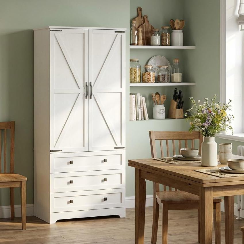 IDEALHOUSE Farmhouse Kitchen Pantry Cabinet - 72" Tall Large Wood Kitchen Storage Cabinets with Adjustable Shelves & 2 Barn Doors & 3 Drawer, Versatile Storage for Dining Room, Bathroom, Living Room