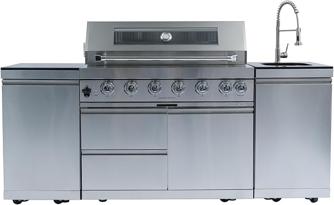 82 Inches 6 Burner Propane Gas Grill Outdoor Kitchen Island, 85,000 BTU Deluxe Stainless Steel Modular Outdoor Kitchen, Sink, Storage Cabinets & Drawers, BBQ Island for Patio Backyard
