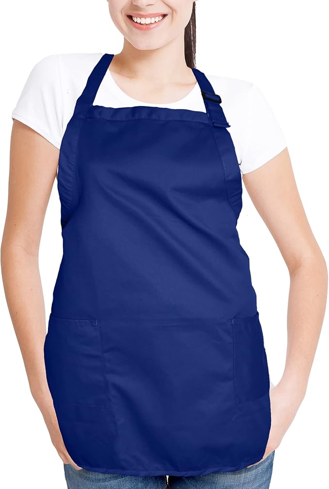 DALIX Apron Commercial Restaurant Home Bib Spun Poly Cotton Kitchen Aprons (2 Pockets) in Navy Blue 12 Pack