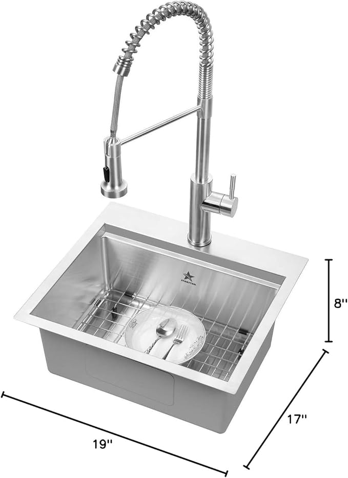 STARSTAR Workstation Ledge Top Mount/Drop-in 304 Stainless Steel Luxury Single Bowl For Kitchen,Yard, Office, Bar, Laundry Sink (19 x 17)
