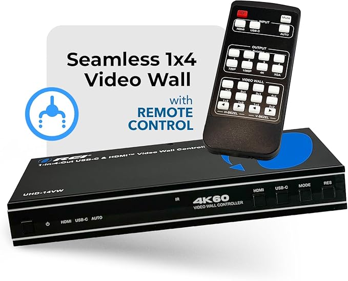 OREI 4K 2x2 HDMI or USB-C Video Wall Controller Processor Display Upto 4K 60hz 2x1, 1x2, 1x3, 1x4 Supports 180 Degree Rotate RS-232 Audio Extraction