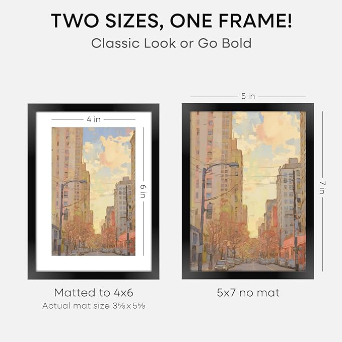 Homeforia 5x7 Picture Frame Black, High End Metal 5 x 7 Black Frames with Mat 4 x 6 for Art, 5x7 Desk Frame Matted to 4x6 inch Photo, 5 by 7 Wall or Tabletop Frames, Tempered Glass, Wall Kit, Set of 2