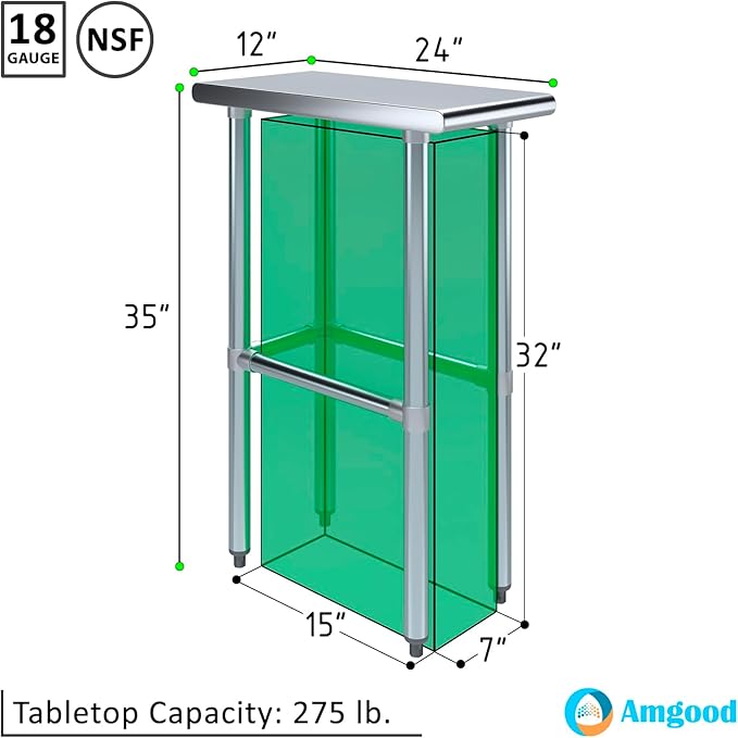 AmGood Stainless Steel Work Table Open Base | NSF Kitchen Island Food Prep | Laundry Garage Utility Bench (12" Long X 24" Deep)