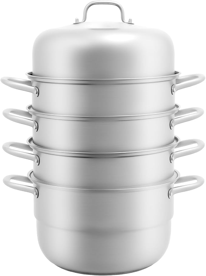 5-Tier Steamer Pot for Cooking, D12.8in Stainless Steel Steamer Cookware with Handles Glass Lid & Strainer Baskets for Food Dumpling Fish Vegetable Seafood
