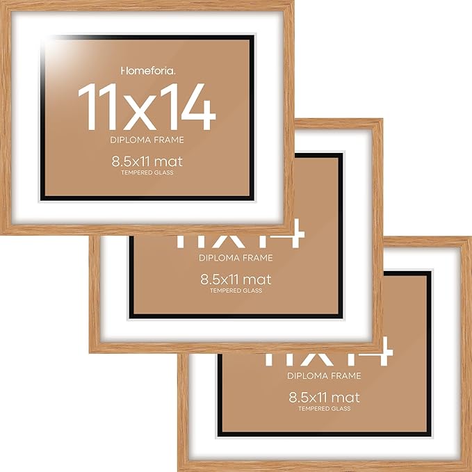 Homeforia 11x14 Diploma Frame Wood, High End Natural Oak 11 x 14 Certificate Frames with Mat 8.5x11, 11 by 14 Wooden Document Matted Frame, Award Graduation Frames, Tempered Glass, Wall Kit, Set of 3