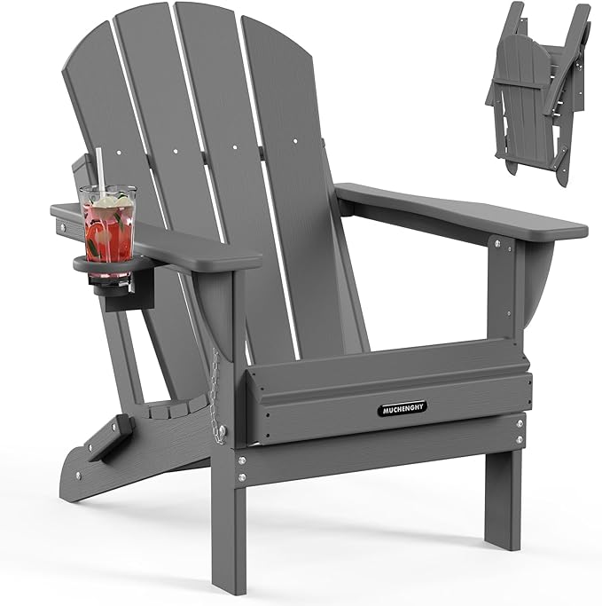MUCHENGHY Folding Adirondack Chairs, Patio Chairs, Lawn Chairs, Outdoor Chair, Adirondack Chair Plastic, Fire Pit, Weather Resistant with Cup Holder for Deck, Backyard, Garden(Gray)