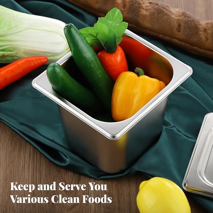 8 Pack Hotel Pans 1/6 Size with Lid, 6 inch Deep Stainless Steel Steam Table Pan, Anti Jam Steam Pan Metal Food Pans for Restaurant Cafeteria Party Catering