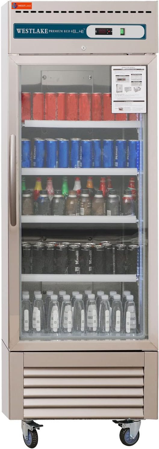 WESTLAKE 27" W Commercial Display Refrigerator Glass door Merchandiser Stainless Steel Reach-in Upriht Fan Cooling 23 Cu.ft Cooler for Restaurant, Bar, Shop, etc