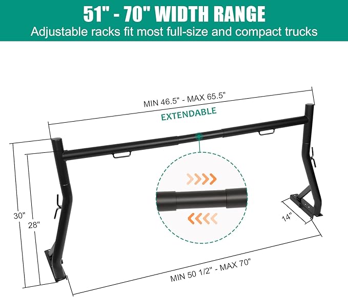 Non-Drilling Truck Rack, Heavy Duty Steel Extendable Truck Bed Ladder Rack, Fit for 52" to 71" Wide Truck Bed, 800 lb. Capacity