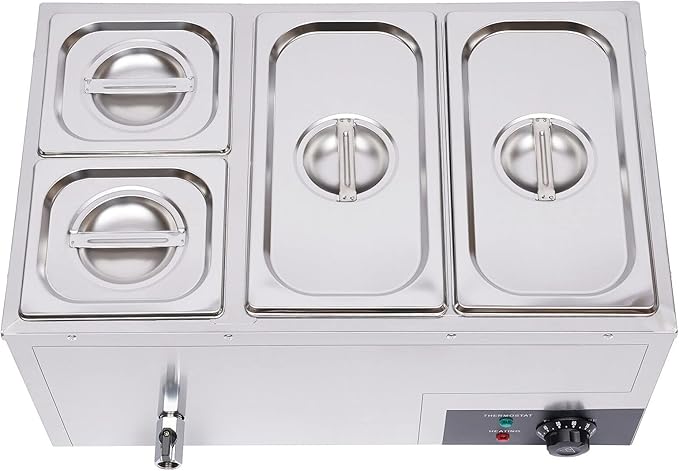 Bain Marie Buffet 4-Pan 850W Electric Steam Table Food Warmer with Lids - Stainless Steel Commercial 21.2Qt(20L) Capacity for Restaurants, Catering, Buffets