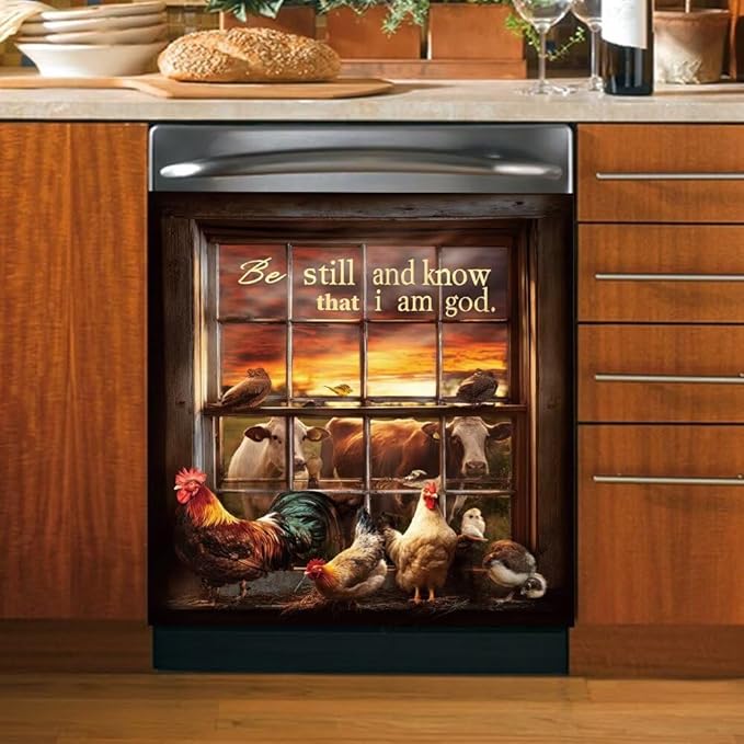 Farm Animal Dishwasher Magnet Cover - Be Still and Know That I am God Sticker Kitchen Decoration, Rooster Dishwasher Covers for Front, Farmhouse Magnetic Refrigerator Skin Panel Cover, 26"x17"