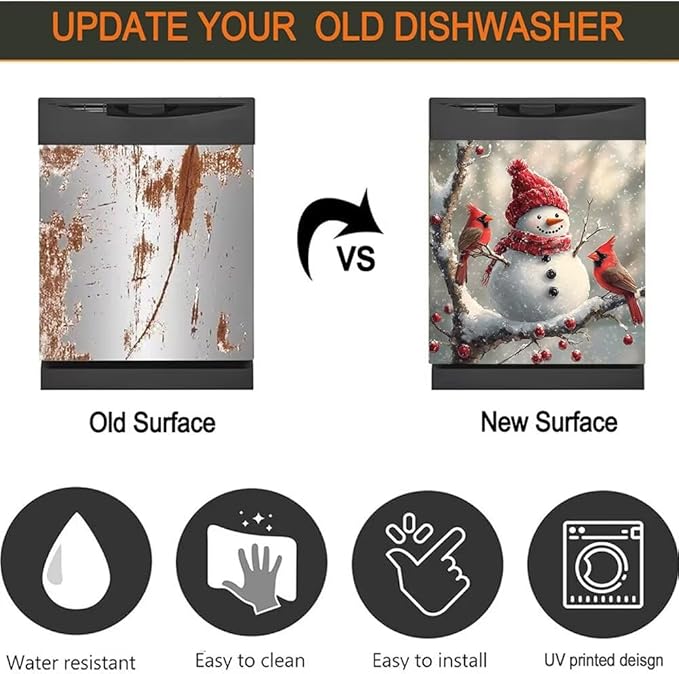 Christmas Snowman Dishwasher Magnetic Cover Front Door Stickers Cardinal Bird Dishwasher Magnet Covers Kitchen Fridge Decals Xmas Decoration Kitchen Cabinet Sticker, Magnetic 23" x 17"