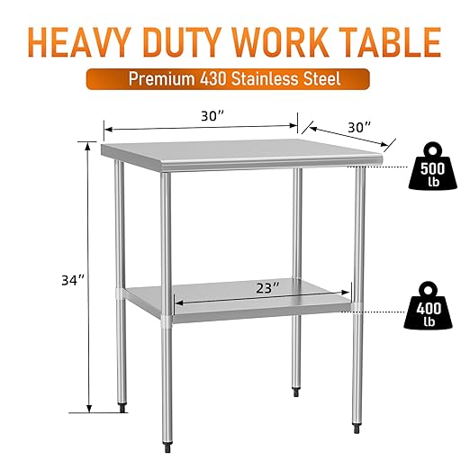 Stainless Steel Table for Prep & Work 30" X 30" inches with Adjustable Undershelf, Commercial Workstations, Utility Table in Kitchen Garage Outdoor BBQ