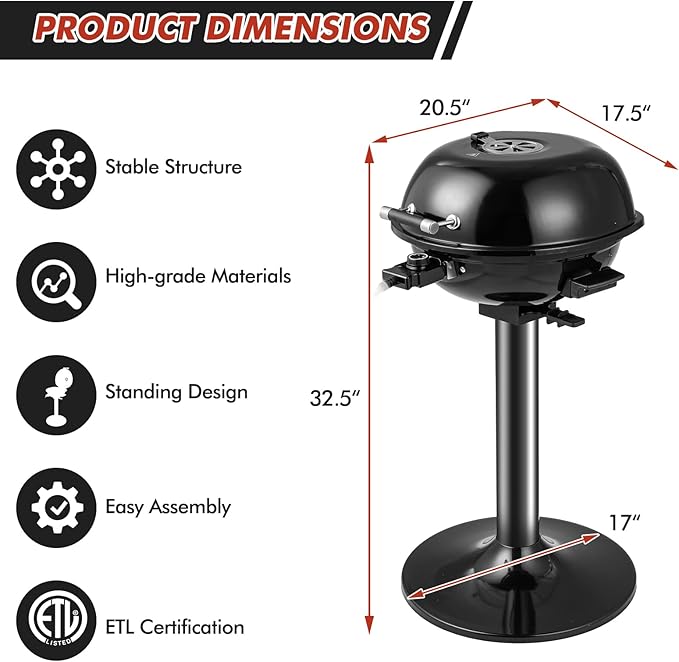 HAPPYGRILL 1600W Portable Electric Grill Outdoor BBQ Grill for 15-Serving, Electric Barbecue Grill for Indoor & Outdoor Use, Portable Stand BBQ Grill for Patio Balcony Kitchen Garden (Black)