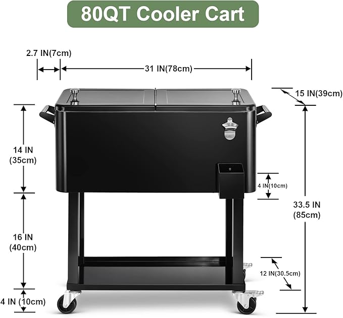 EDOSTORY 80 Quart Rolling Ice Chest Cooler Cart,Patio Backyard Party Drink Beverage Bar Stand Up Cooler Trolley with Ice Scoop