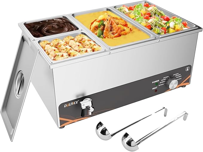 Commercial Food Warmer, 4 Pan 25QT Bain Marie Stainless Steel Electric Food Warmers, 1500W Buffet Warmer Soup Warmer with Temperature Control, Tap, Soup Spoon, for Catering Parties Restaurants