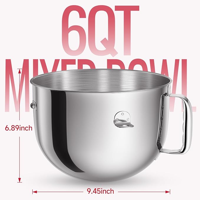 KN2B6PEH 6QT Bowl-Lift Stand Mixer Bowl, Compatible with Kitchenaid Professional 600 Mixer, Polished Stainless Steel with Extra Cover - Fits KV25G KP26M1X (6QT)