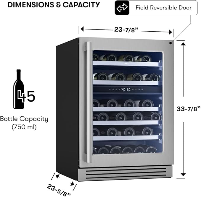 Zephyr Presrv 24 Inch Pro Wine Fridge Dual Zone Under Counter - Pro-Style Design Wine Cooler Cellars Small Cabinet Wine Refrigerator Home Bar Chiller Freestanding Wine Cooler, 45 Bottles 750ml