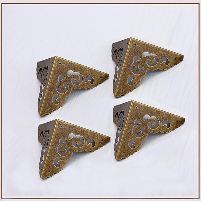 4Pcs Vintage Pure Brass Hollow Cloud Pattern Corner Protectors Antique Hardware Desk Edge Wooden Jewelry Gift Box Cabinet Three Sides Full Encase Corner Guard
