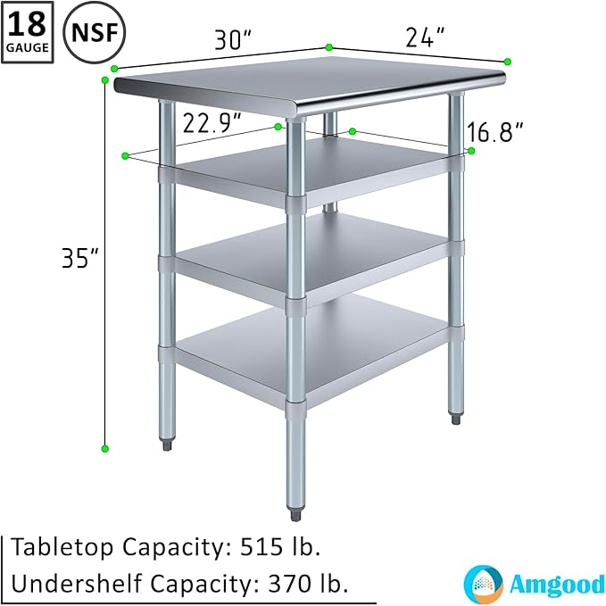 24 in. x 30 in. Stainless Steel Work Table with Three Bottom Shelves | NSF Kitchen Prep Table | Utitly Metal Table