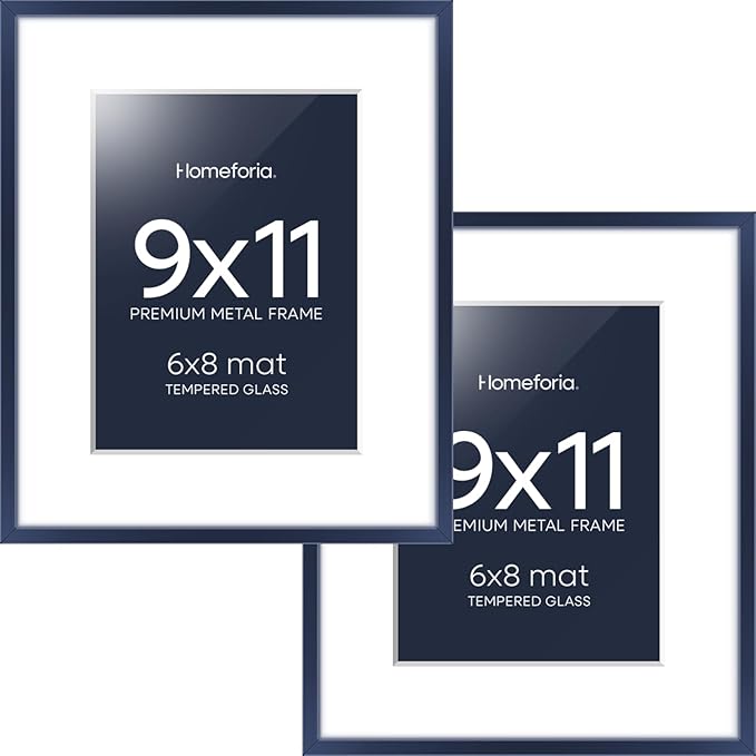 Homeforia 9x11 Navy Blue Frame, High End Metal 9 x 11 Picture Frames with Mat 6 by 8 inch Photo, 9by11 Poster Frame Matted to 6x8 Print, 11x9 Wall or Tabletop Frame, Tempered Glass, Wall Kit, Set of 2
