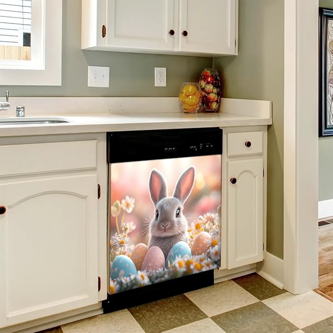 Dishwasher Magnet Cover Easter Cute Bunny Eggs Flower Refrigerator Covers Magnetic Sheet Stickers Farmhouse Kitchen Decorative Home Cabinet Decals Appliances Stickers, 23x26 inch