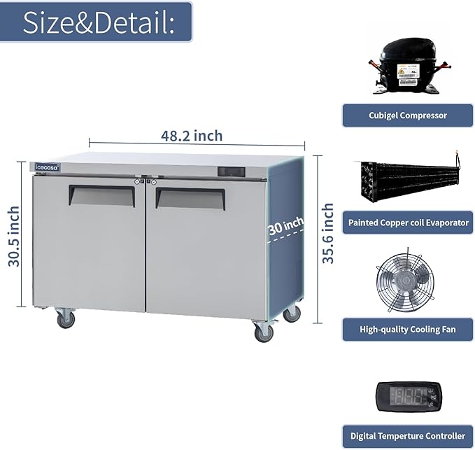 ICECASA 48" W Commercial Freezer Worktop Undercounter Freezer Single Door Stainless Steel Counter Fan Cooling 13 Cu.ft for Restaurant, Bar, Shop, etc