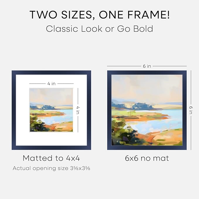 Homeforia 6x6 Frame Navy Blue, High End Metal 6 x 6 Square Picture Frames with Mat 4 by 4 Art, 6x6 Photo Frame Matted to 4x4 inch Print, 6by6 Wall or Tabletop Frames, Tempered Glass, Wall Kit, Set of 2