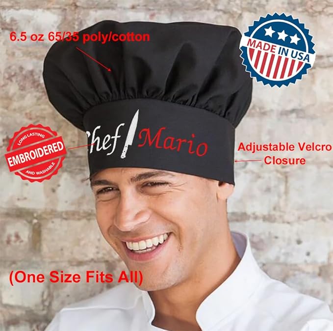 The Apron Place Adjustable Professional Chef Hats, Multiple Personalized Embroidered Designs to Choose from, Made in The USA