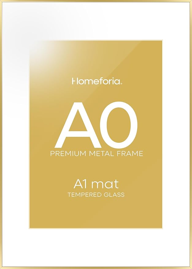 Homeforia A0 Poster Frame Gold, High End Metal 33.1 x 46.8 inches Large Picture Frames with Mat 23.4 x 33.1 for Photo, A0 Size Frames Matted to A1 Print, 33.1x46.8 Thin Frame, Tempered Glass, Set of 1