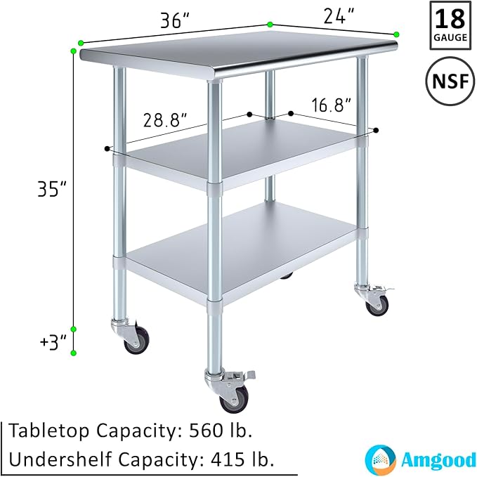 AmGood Stainless Steel Work Table with 2 Shelves and Casters | Metal Utility Table On Wheels (Stainless Steel Work Table with 2 Shelves + Casters, 36" Long x 24" Deep)