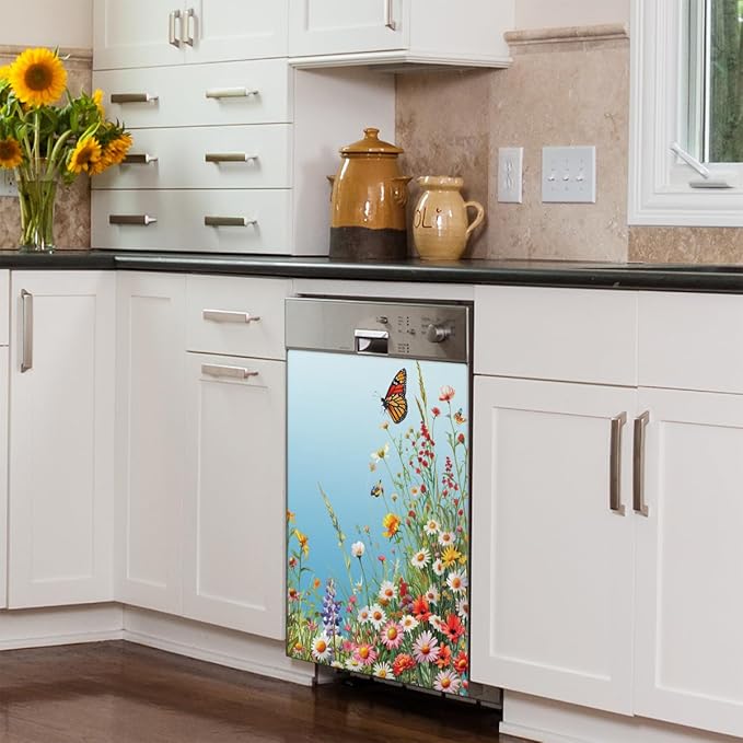 Dishwasher Magnet Cover Flower Red Beautiful Dishwasher Decorative Cover Front Dishwasher Door Cover Reuseable Dishwasher Cover Panel Decal for Kitchen Refrigerator Home Appliances 23" X 26"