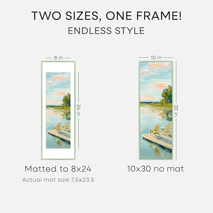 Homeforia 10x30 Sage Green Picture Frame, High End Metal 10by30 Poster Frames with Mat 8x24 Photo, 10 x 30 Green Frame Matted to 8 x 24 Print, 30x10 Panoramic Frame, Tempered Glass, Wall Kit, Set of 1