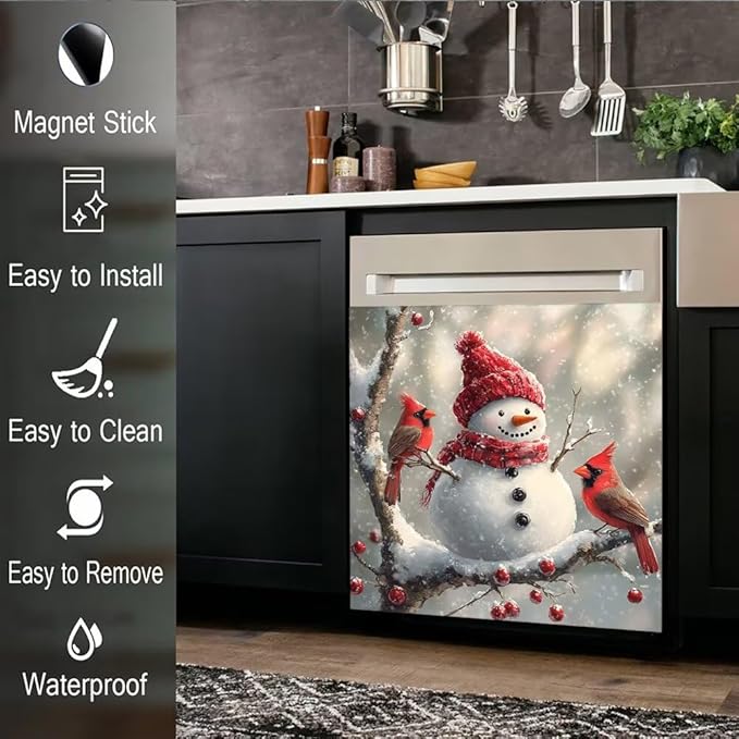 Christmas Snowman Dishwasher Magnetic Cover Front Door Stickers Cardinal Bird Dishwasher Magnet Covers Kitchen Fridge Decals Xmas Decoration Kitchen Cabinet Sticker, Magnetic 23" x 26"