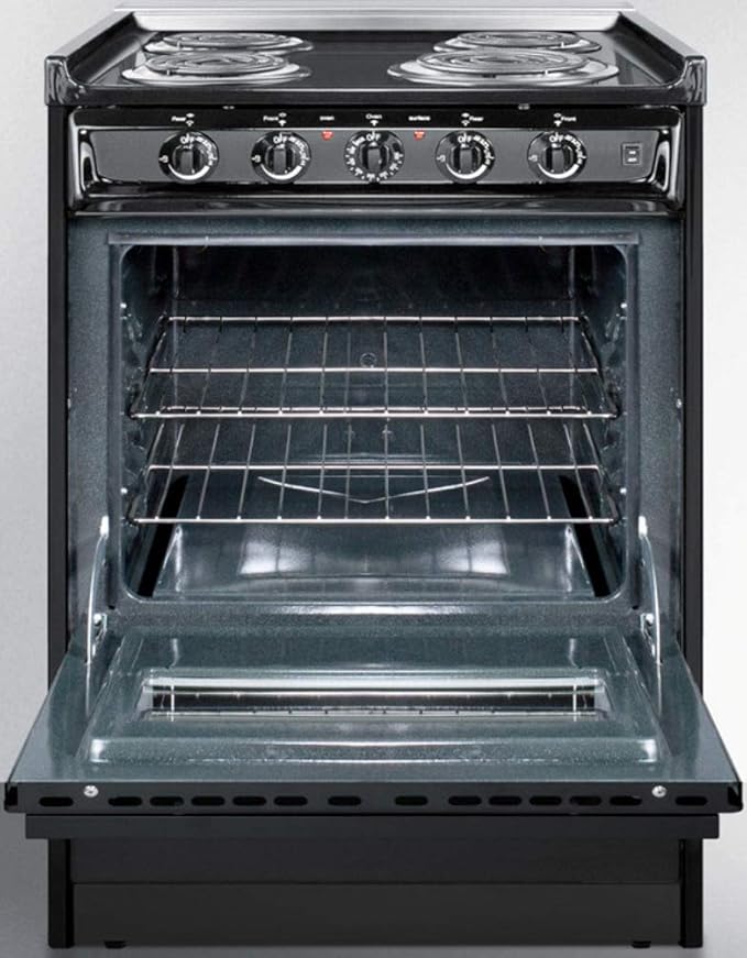 Summit Appliance TEM610CR 24" Wide Slide-in Electric Range in Black with Lower Storage Compartment, Indicator Lights, Broiler Pan, Chrome Drip Pans, Recessed Oven Door, Push-to-turn Burner Knobs