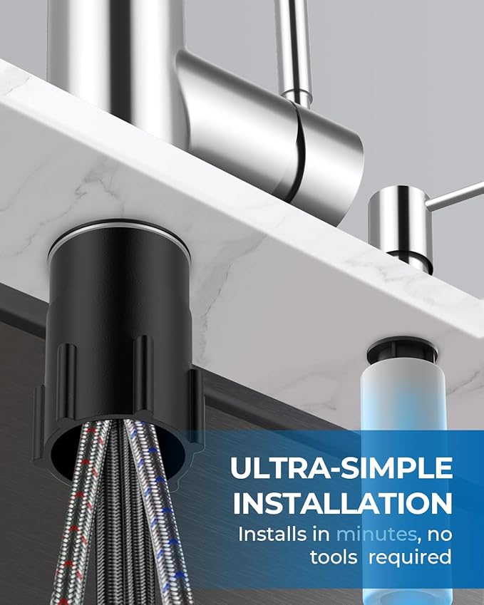 WEWE Kitchen Faucet with Soap Dispenser and Pull Down Sprayer, RV Single Handle Classic 3 Modes Stainless Steel Faucet for Kitchen Sink, RV, Polishede Chrome