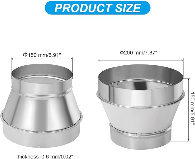 PATIKIL 8 Inch to 6 Inch Round Duct Reducer Increaser Connector, Galvanized Steel Air Duct Adapter Pipe Fitting for Bathroom Kitchen Inline Ventilation Systems, Silver Tone