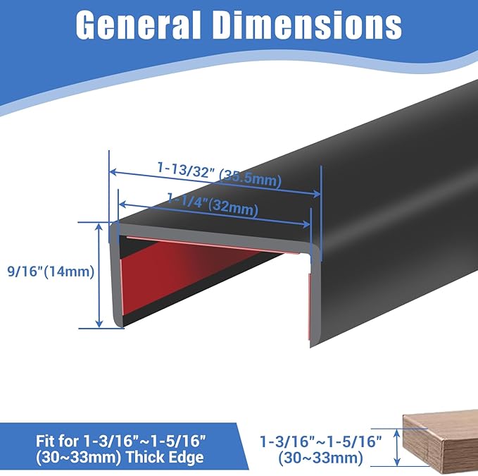 Rubber Edge Trim, Self-Adhesive U Channel Edge Protector for Plywood, Cabinet, 1-1/4" Wood Edge Banding, Flexible Furniture Repair, EPDM Material, Fit 1-1/4"(32mm), Length 10Ft, Black