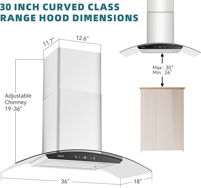 36 Inch Wall Mount Range Hood 700 CFM Ducted Vent Hood, Tempered Glass & Stainless Steel Filters - Gesture Sensing & Touch Control, 3-Speed, 2 LED Lights (Black Panel)