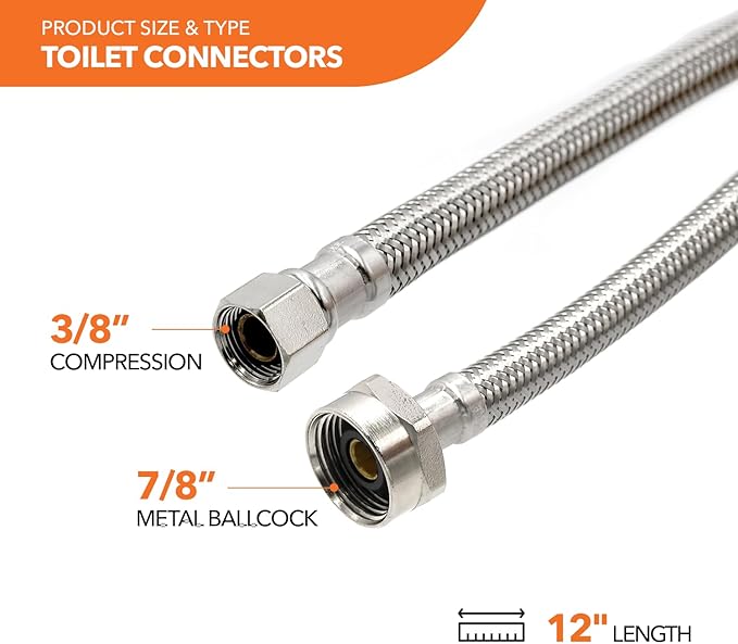 Stainless Steel Braided Water Connectors with Reinforced PVC Inner Hose for Toilets, 3/8" Compression x 7/8" Metal Ballcock, 12" Length (5Pack)