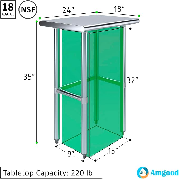 AmGood Stainless Steel Work Table Open Base | NSF Kitchen Island Food Prep | Laundry Garage Utility Bench (24" Long X 18" Deep)