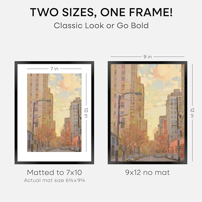 Homeforia 9x12 Picture Frame Black, High End Metal 9 x 12 Poster Frames with Mat 7 by 10 inch Photo, 9by12 Frame Matted to 7x10 in Art, 12x9 Wall or Tabletop Frames, Tempered Glass, Wall Kit, Set of 2