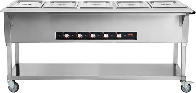 VEVOR 5-Pan Commercial Food Warmer, 5 x 20.6QT Electric Steam Table, 3750W Professional Buffet Catering Food Warmer with 4 Wheels (2 Lockable), Food Grade Stainless Steel Server for Party Restaurant