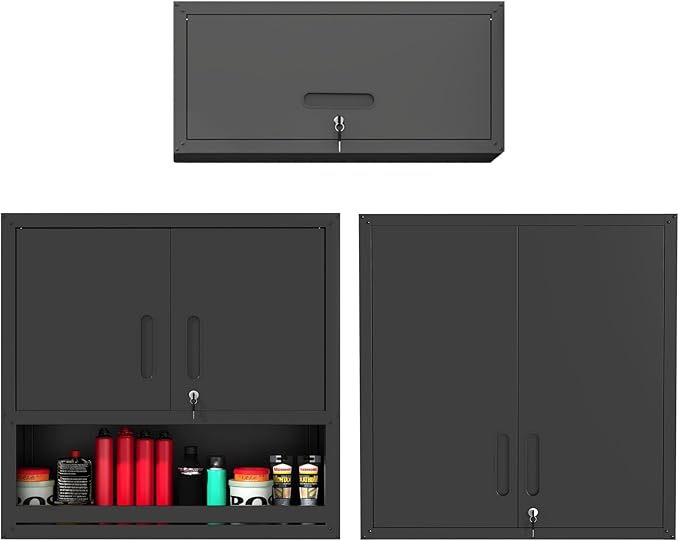 Metal Tool Cabinet,Garage Storage Cabinet System,Wall Cabinet & Locking Rolling Tool Cabinet with Doors and Adjustable Shelves,Steel Tool Cabinets for Home (3 Pcs-StyleA, Black)