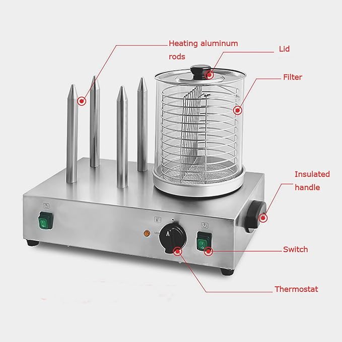 Hot Dog Warmer Steamer Machine Commercial Electric Bun Warmer with 4 Heating Rods Countertop Stainless Steel Sausage Warmer Adjustable Temperature 32℉-185℉ 110V