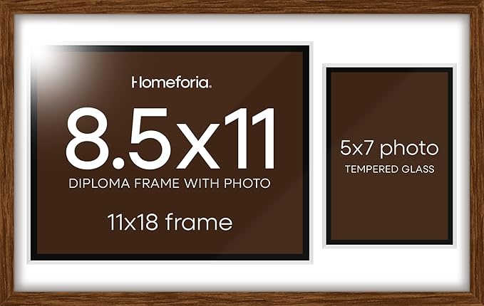 Homeforia 11x18 Brown Diploma Frame with Photo, High End Oak 11 x 18 Certificate Wood Frame with Mat 8.5 x 11 Diploma and 5x7 Picture, Walnut Wooden Document Frames, Tempered Glass, Wall Kit, Set of 1